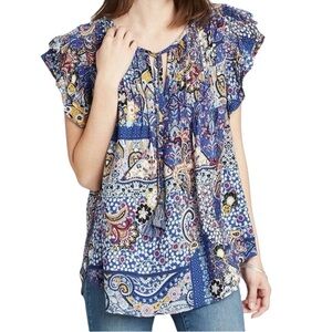 Blu Dahlia Blue Floral Print Flutter Short Sleeve Blouse Top Shirt — Size M/L